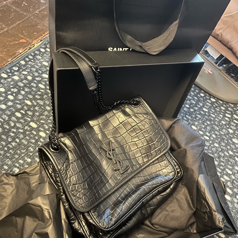 Saint Laurent Black Croc-Embossed Niki Bag